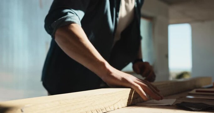 Carpenter, man and blow sawdust with home renovation, building furniture or done sanding for project. Person, sandpaper and woodwork in house with remodeling, timber or carpentry PPE for construction