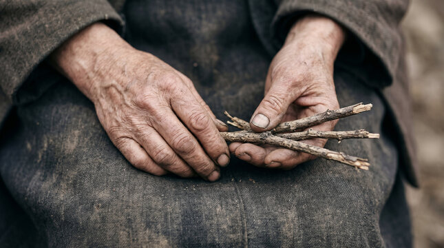 The desperate widow of Zarephath gathering sticks in the dust to cook her final, meager meal during a severe famine