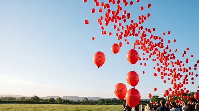 Red Balloons Floating Skyward in Open Field