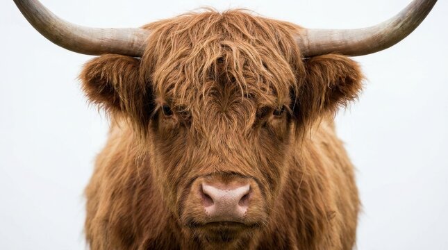 Close up portrait of a shaggy Highland cow with long horns against a white background.