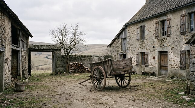 Rustic Farmyard with Old Wooden Wagon and Stone Buildings in Countryside