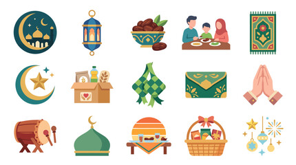 Fototapeta premium Set of flat vector icons representing traditional Ramadan and Eid Islamic holiday celebration elements.