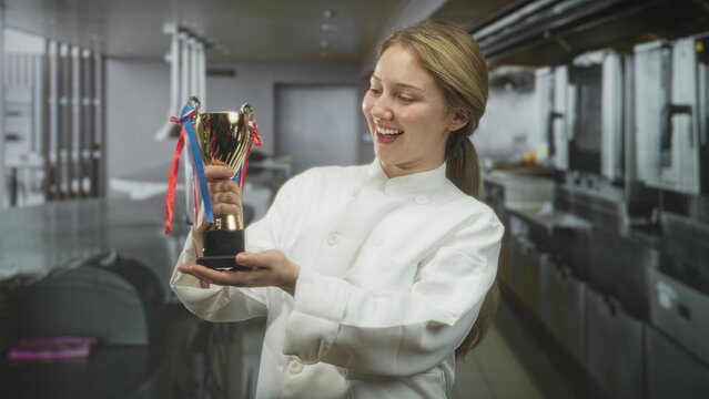Woman chef holding a trophy with both hands in a commercial kitchen, smiling with closed eyes; pride achievement celebration.
