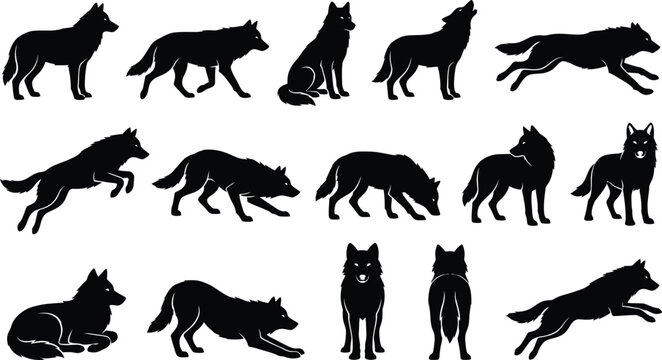 Collection of black silhouette wolf illustrations showing various postures and movements