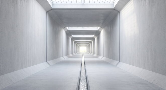 Long perspective view inside a bright precast concrete box culvert tunnel
