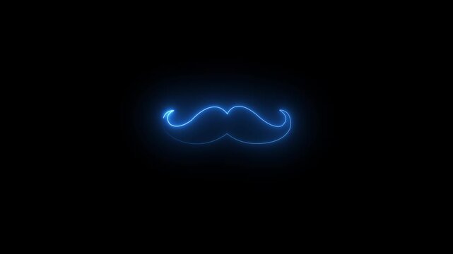 Neon royal blue mustache icon animation on black background, glowing facial hair symbol, elegant style and fashion concept,