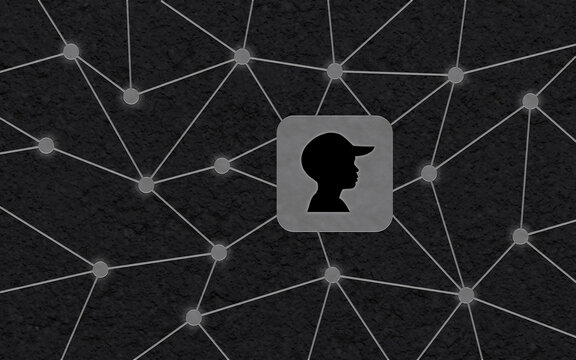 Abstrakte Netzwerkverbindung mit einem quadratischen Symbol im Zentrum, das eine schwarze Silhouette eines Kindes mit Kappe zeigt, auf strukturiertem Hintergrund.