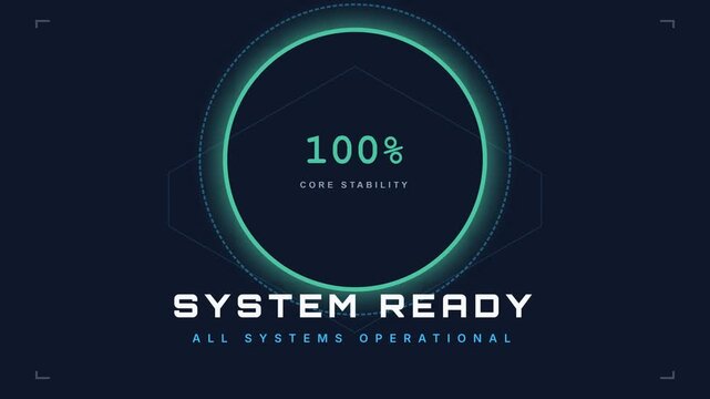 Animated system stability indicator, glowing neon circle with percentage increasing from 0 to 100, futuristic technology interface, symbolizing progress and system readiness