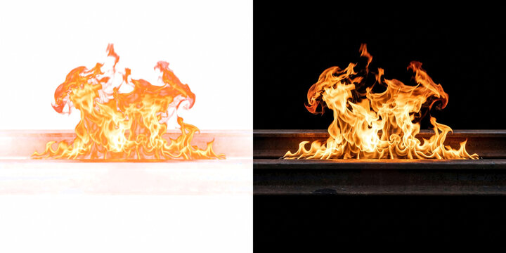 Blazing fire pit with intense flames rising between parallel steel rails overlay isolated on transparent background