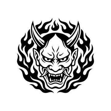 Hannya Mask Inferno: A striking depiction of a Hannya mask, embodying fury and jealousy, engulfed in stylized flames.