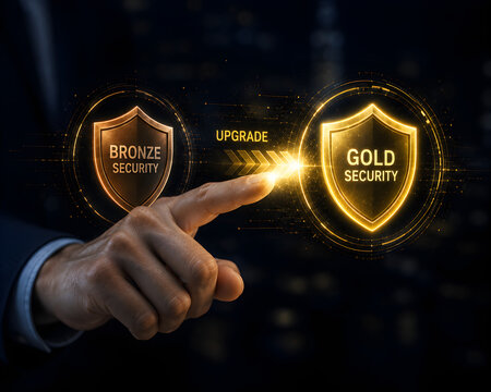 Businessman hand upgrading cyber security levels from bronze to gold protection shield concept