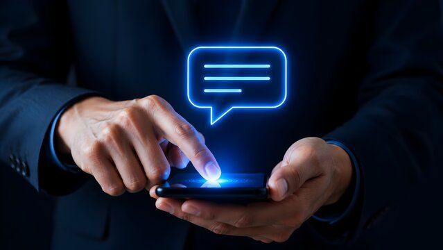 Business professional using smartphone with glowing holographic chat bubble icon representing digital communication instant messaging and online customer service