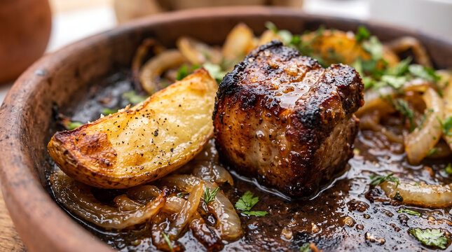 Georgian Ojakhuri Roasted Pork and Crispy Potato Wedge with Caramelized Onions in Clay Ketsi Pan Close-Up