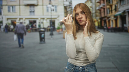 Fototapeta premium Woman redhead holding smartphone to cheek while touching jaw and checking skin in a busy street plaza wearing jeans and a ribbed top; contemplation.