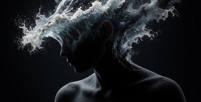 Surreal abstract portrait of human figure with exploding water head. Liquid splash burst from silhouette on dark background. Creative concept shows fluid motion, mental energy, imagination.