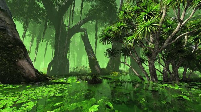 A tropical swamp in a rainforest. Illustration on the theme of plants and climate.