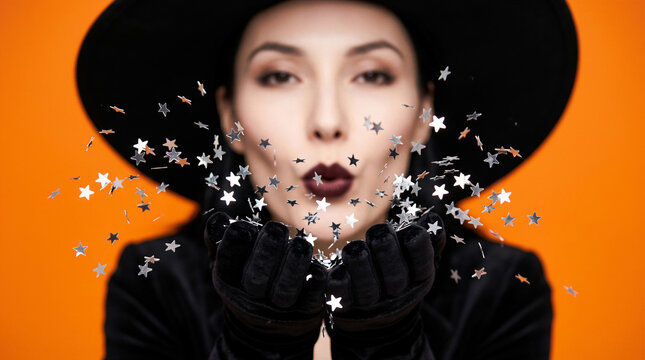 Woman in black witch hat blowing silver star confetti. Halloween, celebration, magic, festive, party.