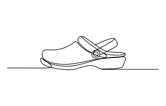 Single continuous line drawing of a comfortable rubber clog shoe for summer casual fashion footwear