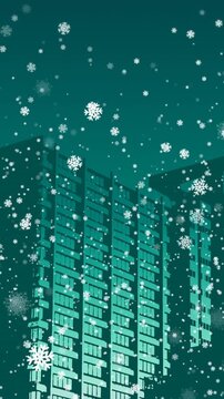Animation of white christmas snowflakes falling over city buildings on blue background