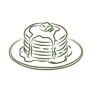 A hand drawn illustration of a stack of pancakes with butter and syrup.