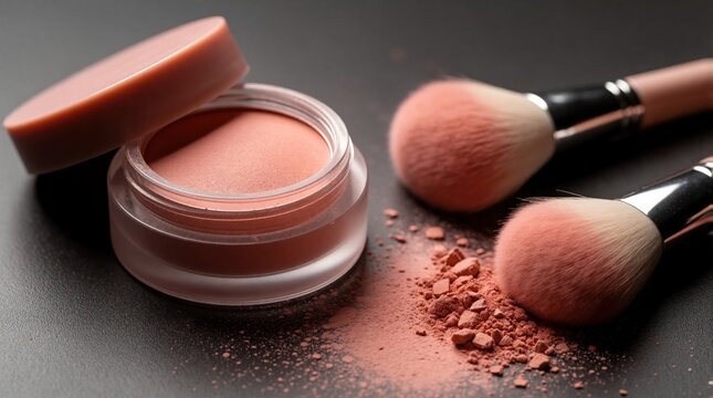 Loose blush powder in pinkish hue with makeup brushes on dark surface. Cosmetic product preparation for application. Beauty items ready for flawless complexion.