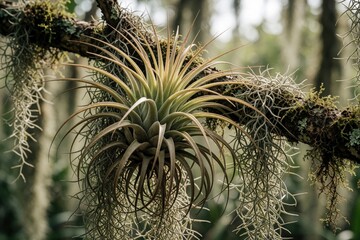 Naklejka premium Tillandsia air plant grows on tree branch with spanish moss in florida marsh. Epiphyte plant has green and brown leaves. Outdoors humid environment.