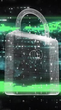 Animation of padlock icon and data processing over world map on black background