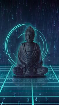 Animation of buddha with scope scanning and binary coding on black background