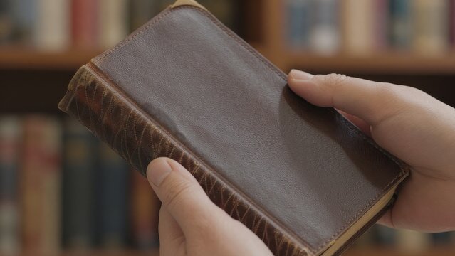 Vintage Leather Book Held in Hands with Library Background