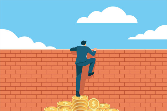 Businessman standing on coins climbing over a brick wall barrier. Vector illustration for using wealth to overcome business obstacles.