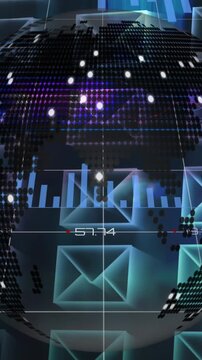 Animation of statistics recording over globe with rows of digital envelopes