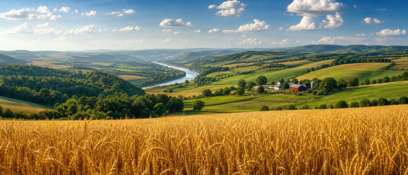 Rural summer landscape golden wheat field with river and hills
