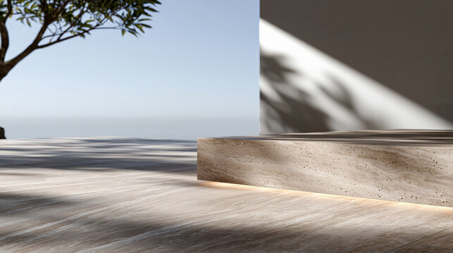 Travertine stone steps platform with dappled sunlight shadows