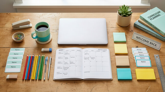 Teacher desk with open planner, laptop, stationery, and curriculum planning books on wooden table