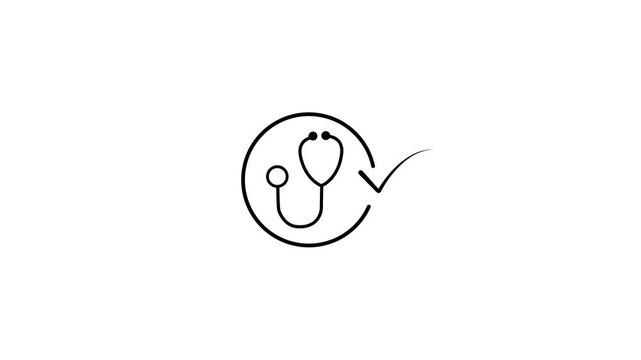 Stethoscope Medical Icon with Checkmark Line Art Animation Loop for Health Checkup, Doctor Verification, Medical Approval, and Healthcare Concept