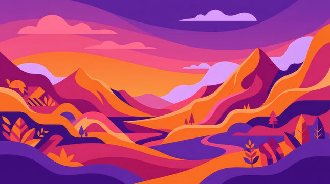 Colorful Abstract Mountain Landscape Sunset Illustration With Vibrant Rolling Hills And Sky