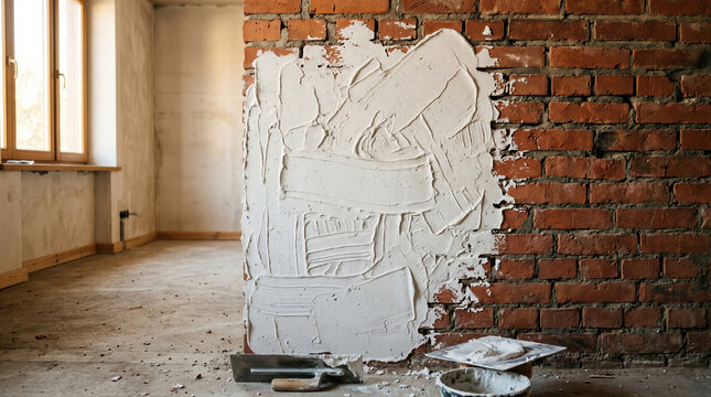 Exposed red brick wall partially covered with fresh white plaster and trowel with hawk on floor. Home renovation and interior construction concept. Apartment remodeling and building repair work