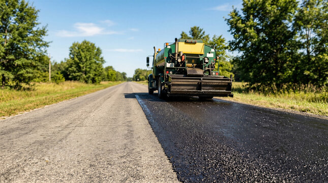 Asphalt distributor truck applying fresh bitumen seal coat on rural road. Road construction and highway maintenance work. Infrastructure repair and pavement resurfacing concept.