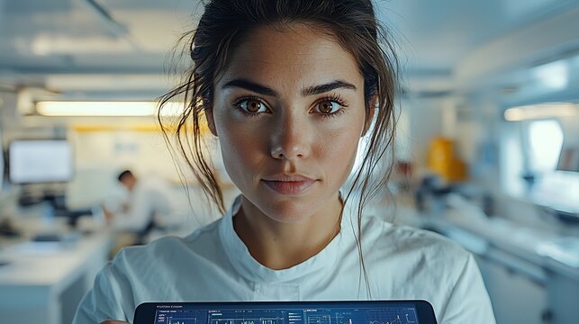 Portrait of Professional Woman Looking at Digital Tablet with Data Interface