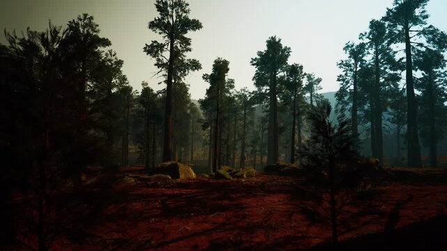 pine forest golden hour misty, red needle carpet with long sunbeams slicing through tall pines, soft haze between trunks, cinematic warm contrast and deep