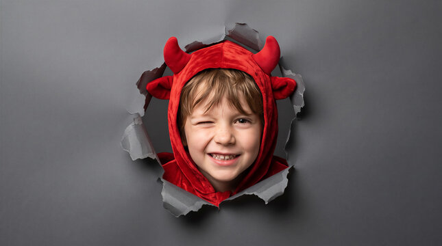 Child in red devil costume winking through torn paper wall. Halloween, costume party, playful mischief, children s entertainment.