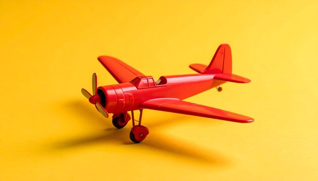 Avi&oacute;n de juguete rojo sobre fondo amarillo con composici&oacute;n minimalista y espacio para texto
