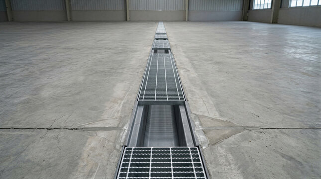 Metal grating trench drain on concrete floor in empty industrial warehouse. Linear drainage system for water management. Factory infrastructure and construction concept.