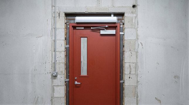 Red metal fire exit door with narrow glass window and automatic closer in concrete block wall. Industrial building entrance and emergency evacuation safety architecture concept.