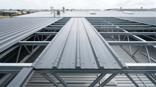 Metal roof construction on industrial building with steel truss frame and corrugated sheet panel. Commercial warehouse roofing installation and building structure concept