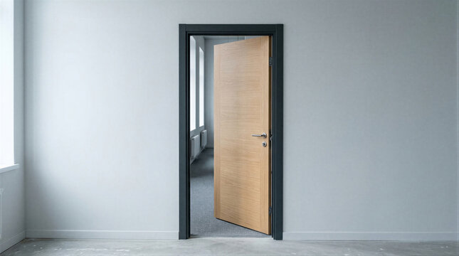 Open wooden door in empty modern interior room leading to hallway corridor. Minimal architecture and new opportunity concept with empty space and entrance doorway