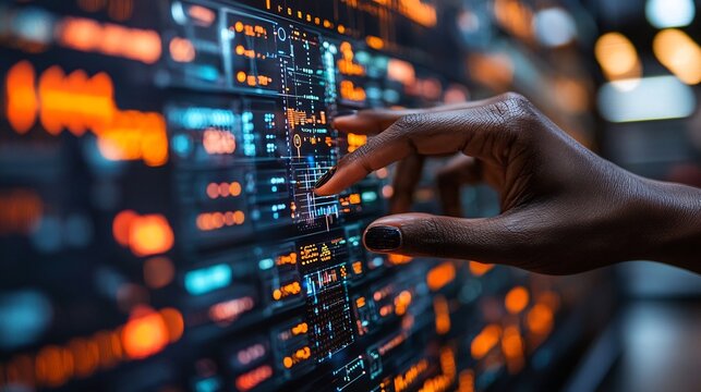 Close-up of Hand Interacting with Futuristic Digital Interface and Data Dashboard