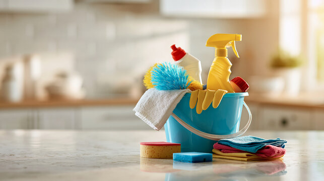 Bucket with cleaning supplies and tools on a countertop in a bright kitchen. Home hygiene and chores concept for advertisement.