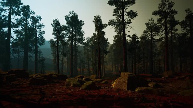 misty pine forest at dawn with golden glow over mossy rocks and scattered boulders, tall conifers pierce soft fog, warm cinematic tones, tranquil atmosphere