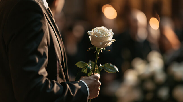 A man in a suit holding a single white rose in soft warm light. Concept of mourning, wedding ceremony, or expressing deep respect.